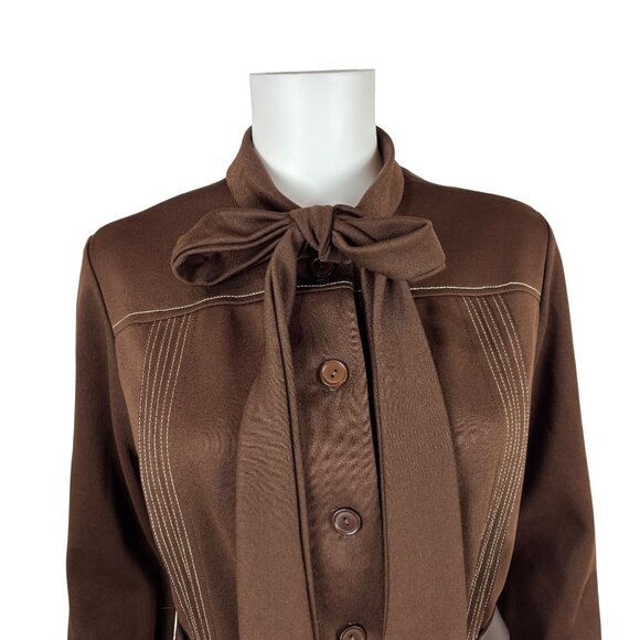 Vintage 70s Secretary Dress Womens L Brown Long Sleeve Ascot Necktie Plaid Skirt - Picture 6 of 11